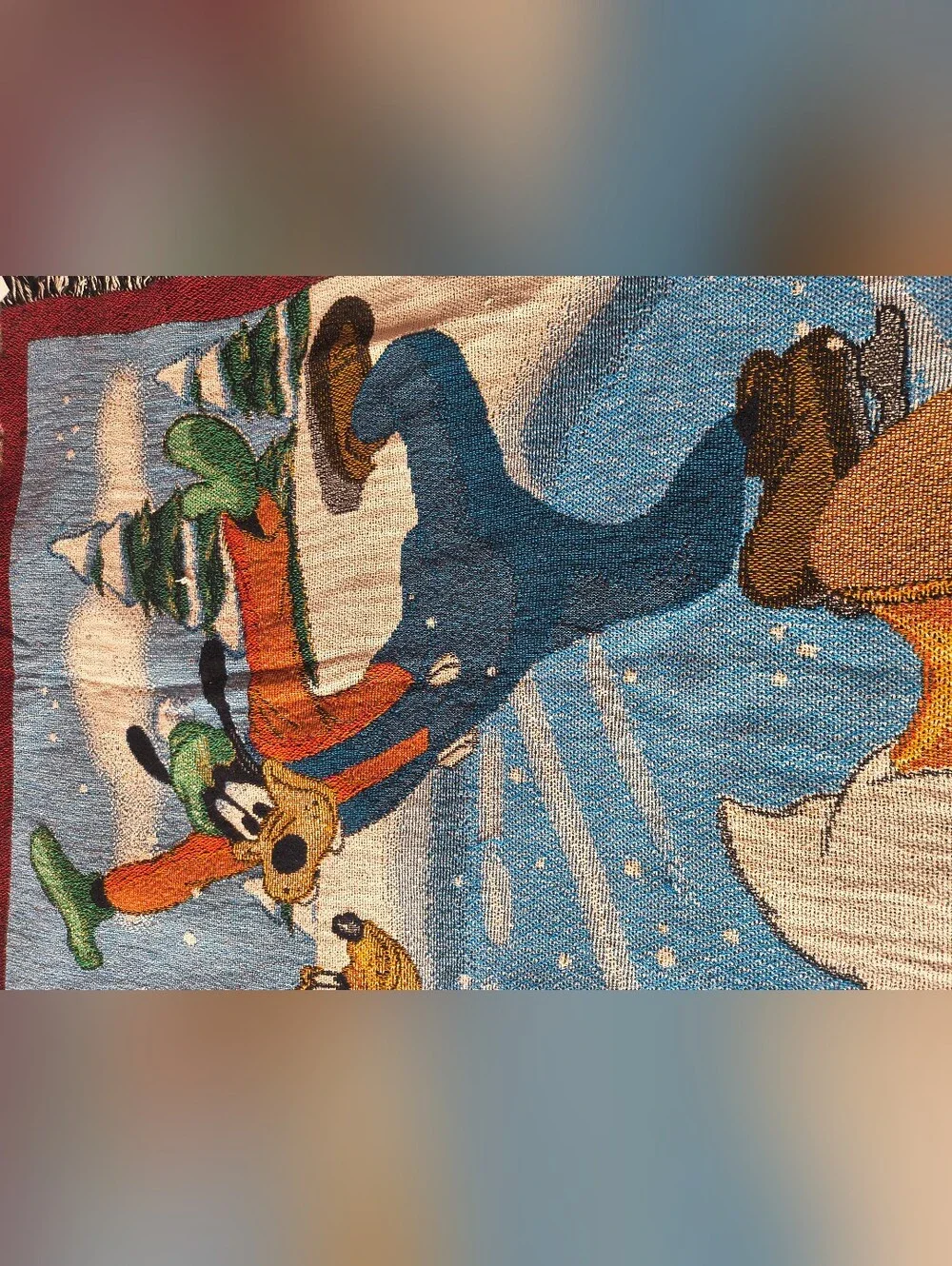 Vtg Disneyland Resort Mickey & Friends Ice Skating Woven Tapestry Blanket